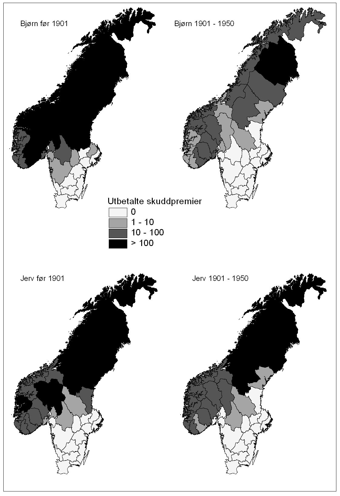 Figur 1b. Historisk utbredelse av bjørn og jerv i norske fylke og svensk län i to ulike perioder (1846 eller 1850 til 1900, og 1901-1950) basert på jaktstatistik.