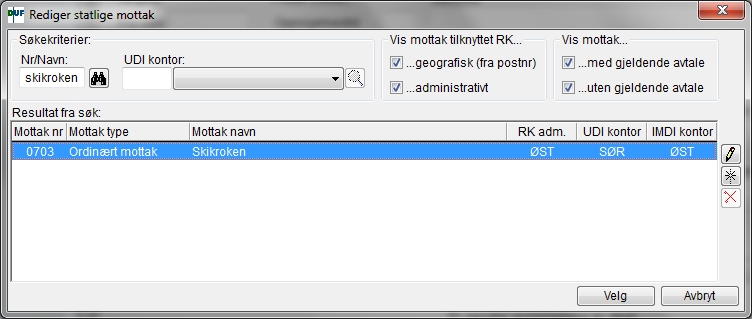 Når du trykker på stjerneikonet åpnes skjermbildet Enkel avtale. Still markøren i feltet Mottak/Søk og trykk kikkert = Velg mottak eller registrer nytt mottak (Alt + M).