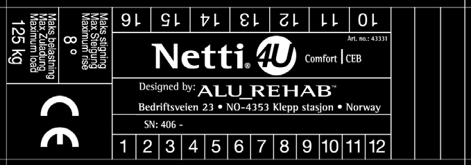 11. TESTER OG GARANTIER 11.1 Tester Netti 4U Base er testet og godkjent for bruk både innendørs og utendørs. Stolen er CE-merket. Maksimal brukervekt: 125 kg.