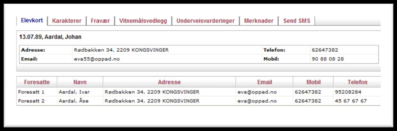 Ved å klikke på ikonet av eleven, foran elevens navn i Elevlisten, Her får man informasjon om den enkelte elev og dennes foresatte.