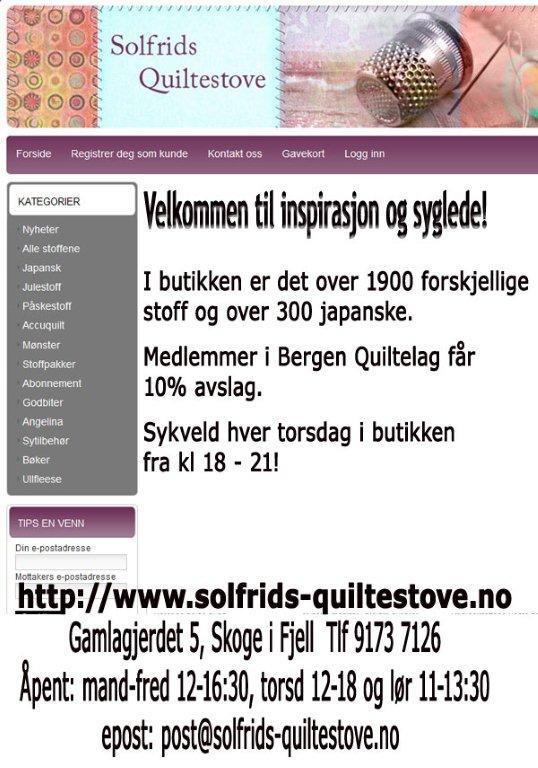 Datoer fremover vil bli: 3. februar, 3. mars og 7.april. Alle dager kl 11.30 15.00 Sted: Tonje Brodering avd Lappeloftet - Hamreveien 10, Kalandseidet Det planlegges også en sy-lørdag på samme sted.