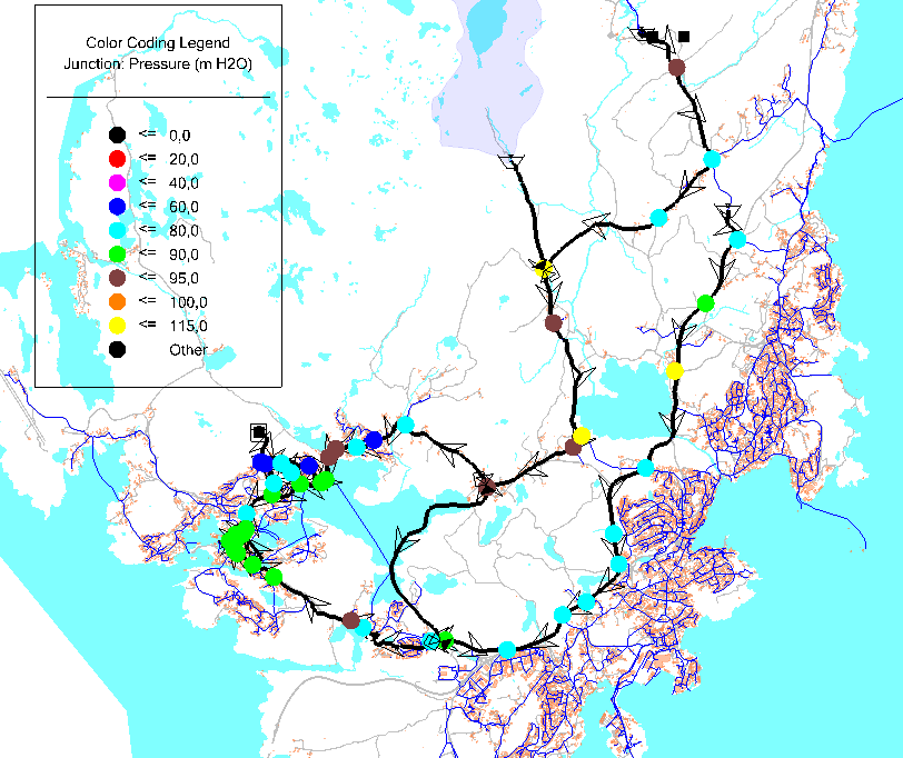 5.3.3 Hydraulisk kapasitet på leidningsnettet Det er utført simuleringar av leidningsnettet i berekningsprogrammet Watercad (Epanetberekningar).