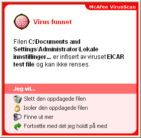 Bruke ActiveShield Figur 2-6. Avanserte alternativer for ActiveShield - kategorien PUP-filer Forstå sikkerhetsvarsler Hvis ActiveShield finner et virus, vises et virusvarsel som dette Figur 2-7.