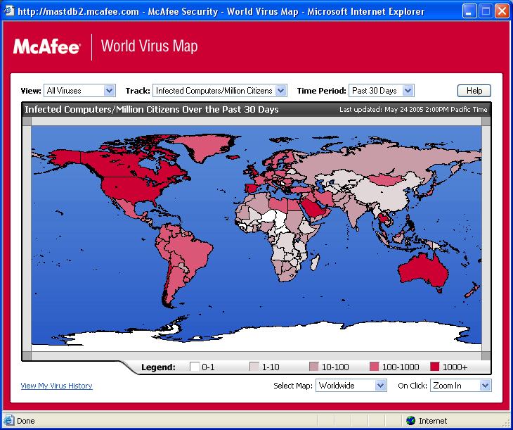 Bruke McAfee VirusScan Vise World Virus Map Du kan vise de nyeste, globale oppdagingsfrekvensene via McAfee-ikonet i systemstatusfeltet i Windows, enten du deltar i World Virus Map eller ikke.