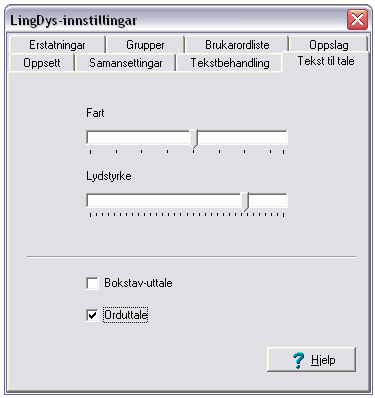 Figur 15: LingDys-innstillingar Tekst til tale Vel du Bokstav-uttale, les talesyntesen kvar bokstav etter kvart som du skriv. Her får du høyra bokstavuttalen, ikkje lyduttalen.