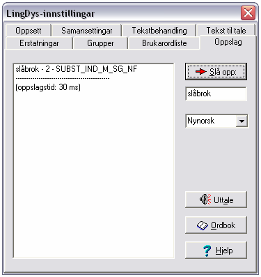 Figur 16: LingDys-innstillingar Oppslag Oppslaga inneheld altså relativt detaljert informasjon med ei rekkje grammatiske forkortingar. Dette vil ikkje vera relevant for så mange.