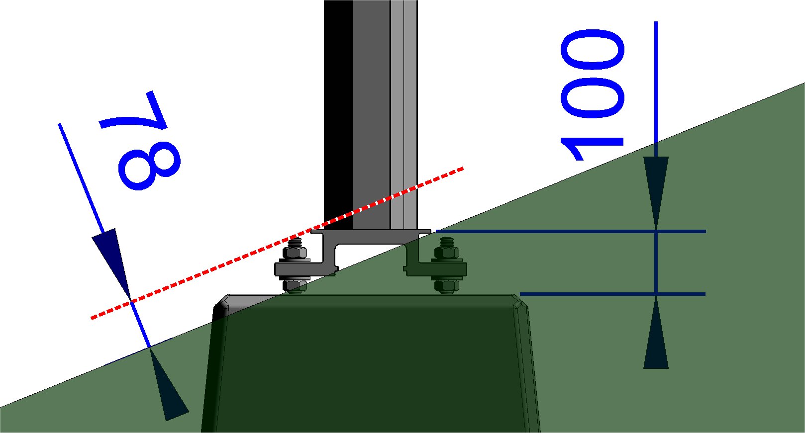 75mm Bredde x lengde fotplate: 309 x 400mm Boltspor på side: M12 Bolthull for gjengning på topp: M12 Material / Overflatebehandling: Mast: Aluminium 6063 T66-6005 T6 Fotplate: 6082 T6 kromatert