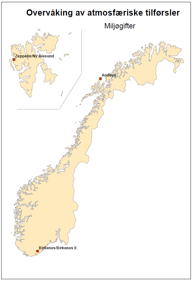 Atmosfæriske tilførsler - miljøgifter Stasjon Tungmetaller i luft (ng/m 3 ), POP i luft (pg/m 3 ), Birkenes Pb, Cd, Zn, Cu, Cr, Co, Mn, Ni, V, As; Hg (kontinuerlig) PCB7, HCB, DDT, PBDE, HBCDD, PFC