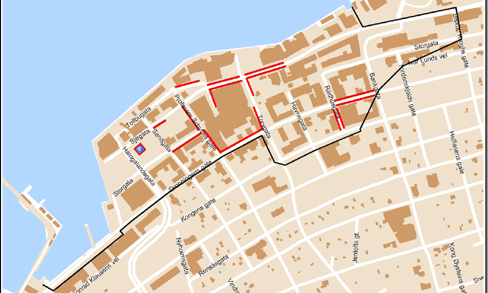 Gjeldende parkeringsordning i sentrum Område som i dag har avgiftsparkeringen er vist i kartet nedenfor: Figur 1: Område med avgiftsparkering i Bodø sentrum 2010 Innenfor området som nå har