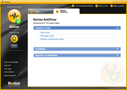 Komme i gang Utforske hovedvinduet 9 Slik utforsker du hovedvinduet: Se Starte Norton AntiVirus på side 7. 1 Start Norton AntiVirus. 2 Klikk på koblingen du vil undersøke, øverst i hovedvinduet.