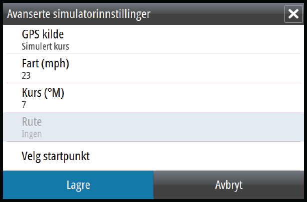 Avanserte simulatorinnstillinger Du kan bruke Avanserte simulatorinnstillinger til å styre simulatoren manuelt. GPS-kilde Velger hvor GPS-data genereres fra.