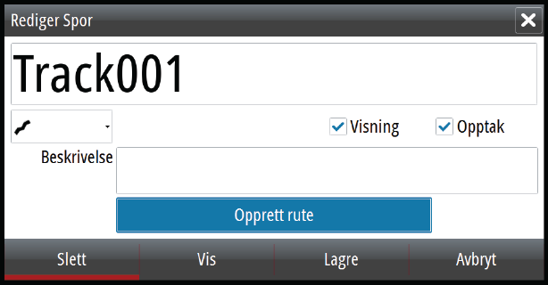 Dialogboksen aktiveres ved hjelp av Ruter-verktøyet på Hjem-siden. Konvertere et spor til en rute Du kan konvertere et spor til en rute fra dialogboksen Rediger spor.