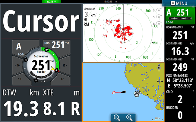 Autopilot-panelet Autopilot-panelet brukes til å vise navigasjonsdata. Det kan vises som et fullskjermspanel eller på en side med flere paneler.