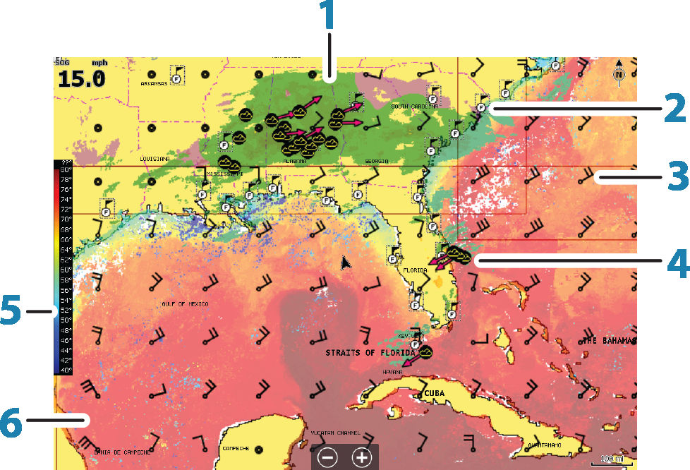 Visning av Sirius-vær Sirius-vær kan vises som et overlegg på kartpanelet. Når væroverlegget er valgt, utvides kartmenyen med tilgjengelige væralternativer.