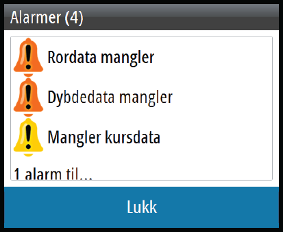 18 Alarmer Alarmsystem Systemet ser kontinuerlig etter farlige situasjoner og systemfeil når systemet er i gang. Når det oppstår en alarmsituasjon, vises det en alarmmelding på skjermen.