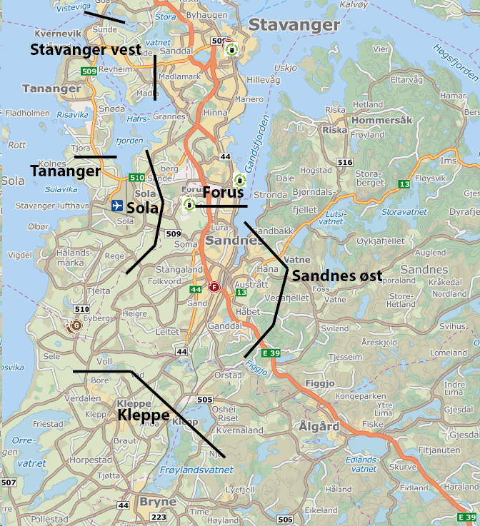 Transport Utredning Sandnes Øst 5 Kart over kontrollerte tellesnitt Kontroll av tellinger på riksvegnettet Kontroll av tellinger på riksvegnett 2014. Avvik mellom ÅDT tall i RTM kontra NVDB.