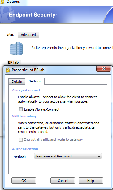 16. Konfigurer Check Point klienten til å bruke RADIUS ved pålogging (Sites Properties Settings).