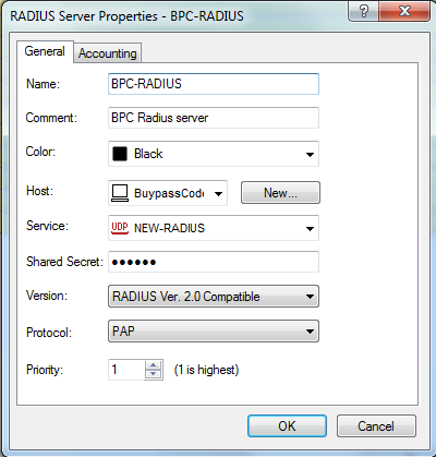 7. Klikk på Servers and OPCSEC Applications (1). Høyre klikk på RADIUS og velg New RADIUS (2). 8.