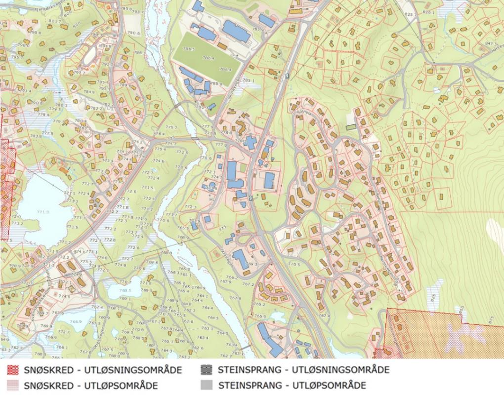 ROS-analyse fr mrådereguleringsplan fr Hvden sentrum Bykle kmmune 19 Figur 4: Oversikt ver bratt terreng på g rundt planmrådet (kilde: ngi.n).