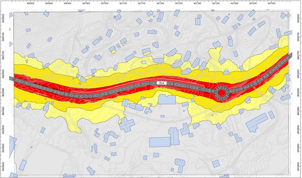 24 ROS-analyse fr mrådereguleringsplan fr Hvden sentrum Bykle kmmune Figur 6: Støyberegningskart fr ny Rv.9 uten støyskjerm(kilde: COWI AS) Risik frbundet med støyfrurensing vurderes sm relevant. 6.2.5 Trafikkulykker Det er redegjrt fr veisystemet i mrådet i kmmunedelplanen.