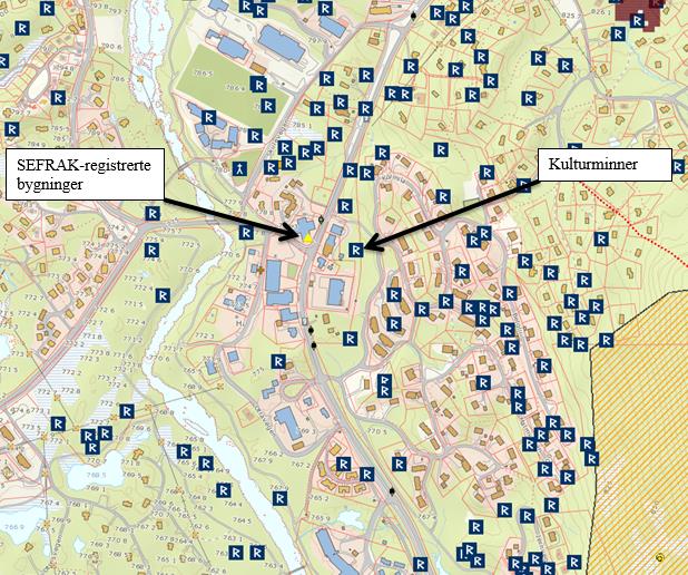 26 ROS-analyse fr mrådereguleringsplan fr Hvden sentrum Bykle kmmune 6.2.7 Skade på kulturminner På planmrådet er det registrert m lag +37 kulturminner g samt èn bygning sm er registrert i SEFRAK-registeret.