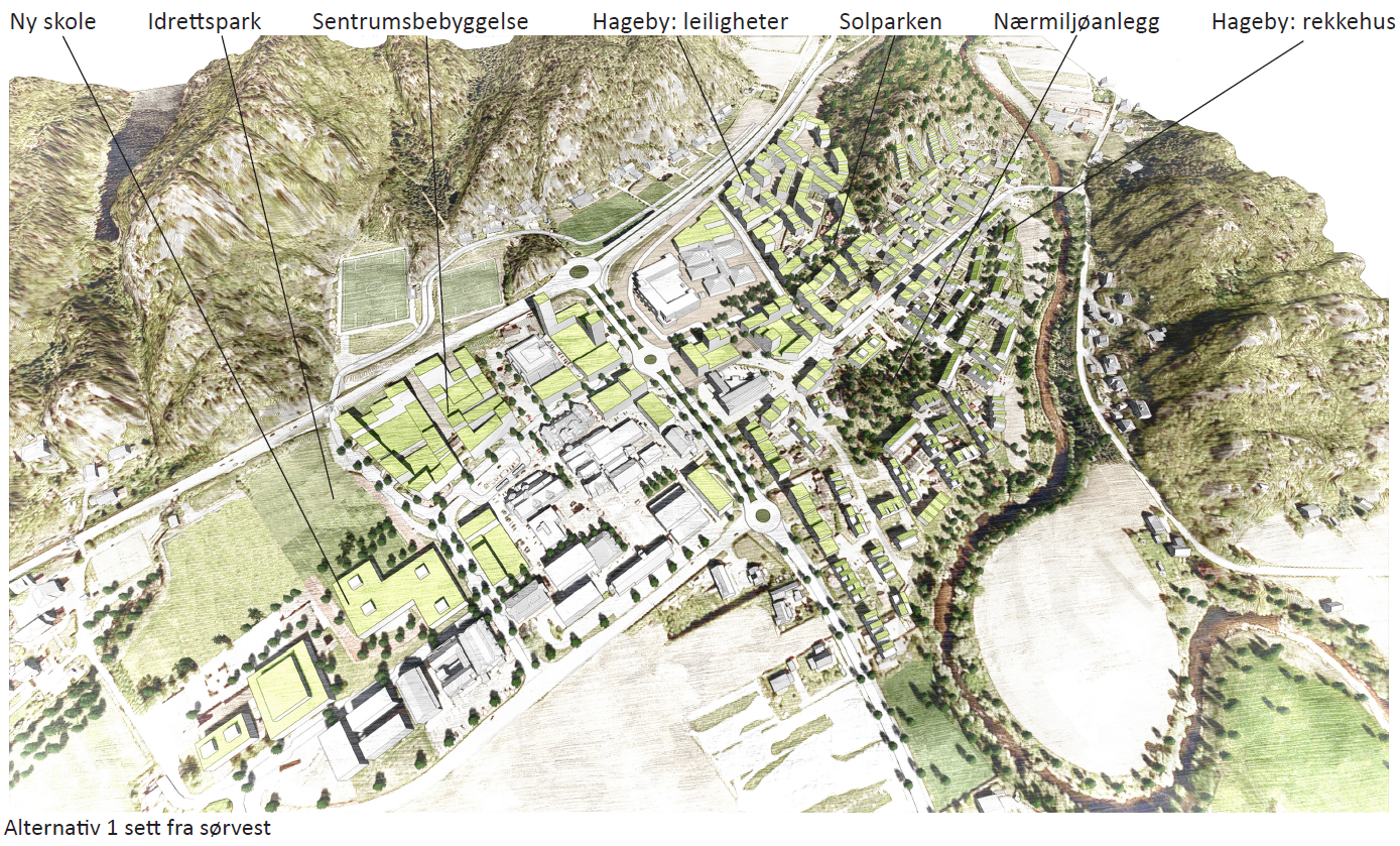 forretning og tjenesteyting som f.eks helse, treningssenter. I tillegg er det lagt inn 25.000 m2 BRA til kontor, mindre bedrifter, utvidelse av eksisterende etc.