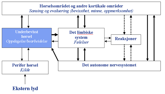 Jastreboffs modell for overfølsomhet for lyd Det eksterne signalet gjennomgår en unormal forsterkning i de underbevisste hørselsbanene.