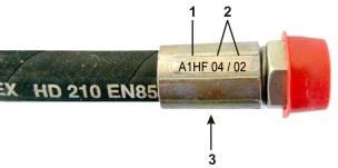 Rengjøring, vedlikehold og service 12.12.1 Merking av hydraulikkslanger Armaturmerkingen gir deg følgende informasjon: Fig. 60/.