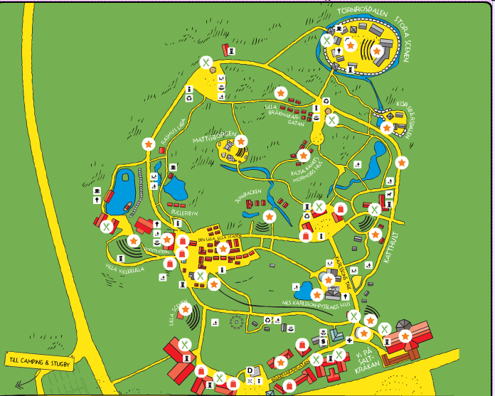 Eksempler på tema/fortellinger i parken er: Bråkmaker gaten, Emil, Pippi, Ronja Røverdatter, Brødrene Løvehjerte, Karlson på taket og Saltkråkan.