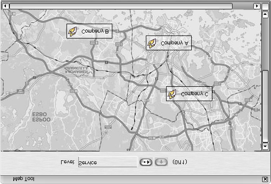 A B C Kart-verktøy. A. Nåværende kart-nivå B. Klikk for å vise en annet kart C. Klikk Opp-tasten for å flytte til et høyere nivå D.