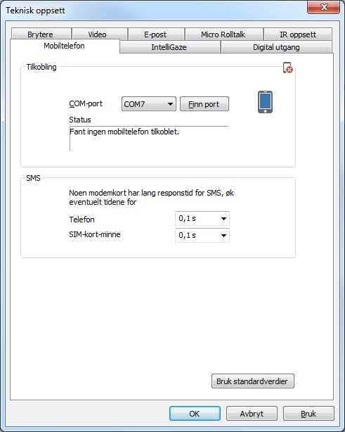 Mobiltelefon Under fanen Mobiltelefon kan du endre oppsett for Tilkobling og SMS. Merk Disse egenskapene er ikke beregnet for Micro Rolltalk.