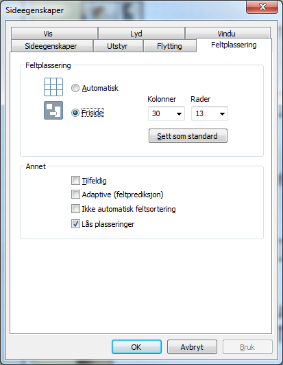 Feltplassering Her kan du endre sidetype mellom Automatisk feltplassering, eller Friside. På friside kan du definere rader og kolonner etter hvilket rutenett du ønsker å plassere feltene.