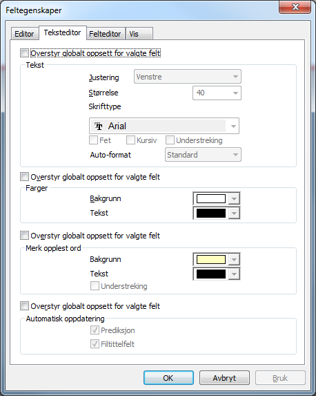 Se kapitlet Program, Oppsett, Teksteditor på side 102, for en beskrivelse av alle verdiene du kan overskrive her.