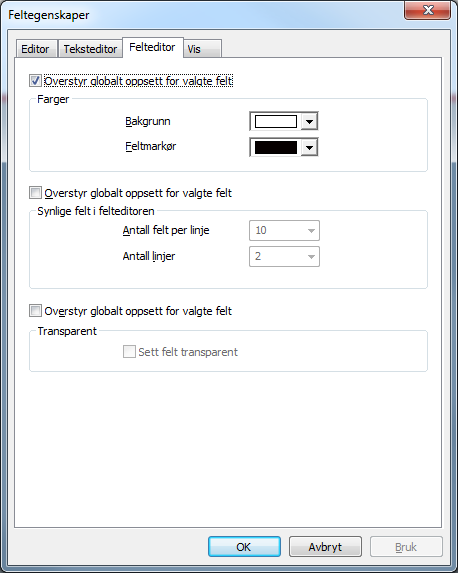 Se kapitlet Program, Oppsett, Felteditor på side 104, for en beskrivelse av alle verdiene du kan overskrive her.