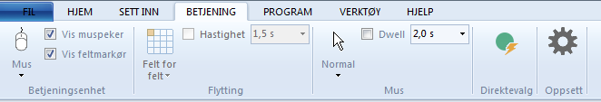 Betjening Betjeningsenhet Mus Velg Mus når programmet skal styres med mus, hodemus, joystick eller øyestyring. Touch Velg Touch når programmet skal styres via en touch-skjerm.