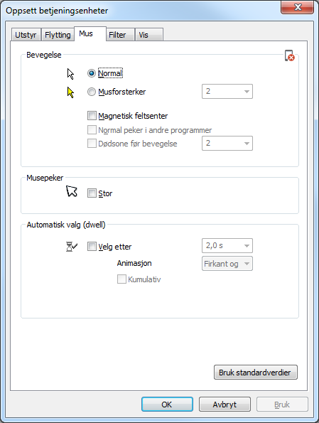 Bevegelse Normal: normal bevegelse av musepekeren. Museforsterker: forsterker alle musebevegelser med en angitt faktor.