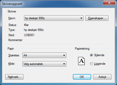 Skriver Velg hvilken skriver du vil bruke fra listen ved Navn. Du kan endre utskriftsegenskapene ved å trykke på Egenskaper, se skriverens dokumentasjon for hvilke endringer som kan gjøres der.