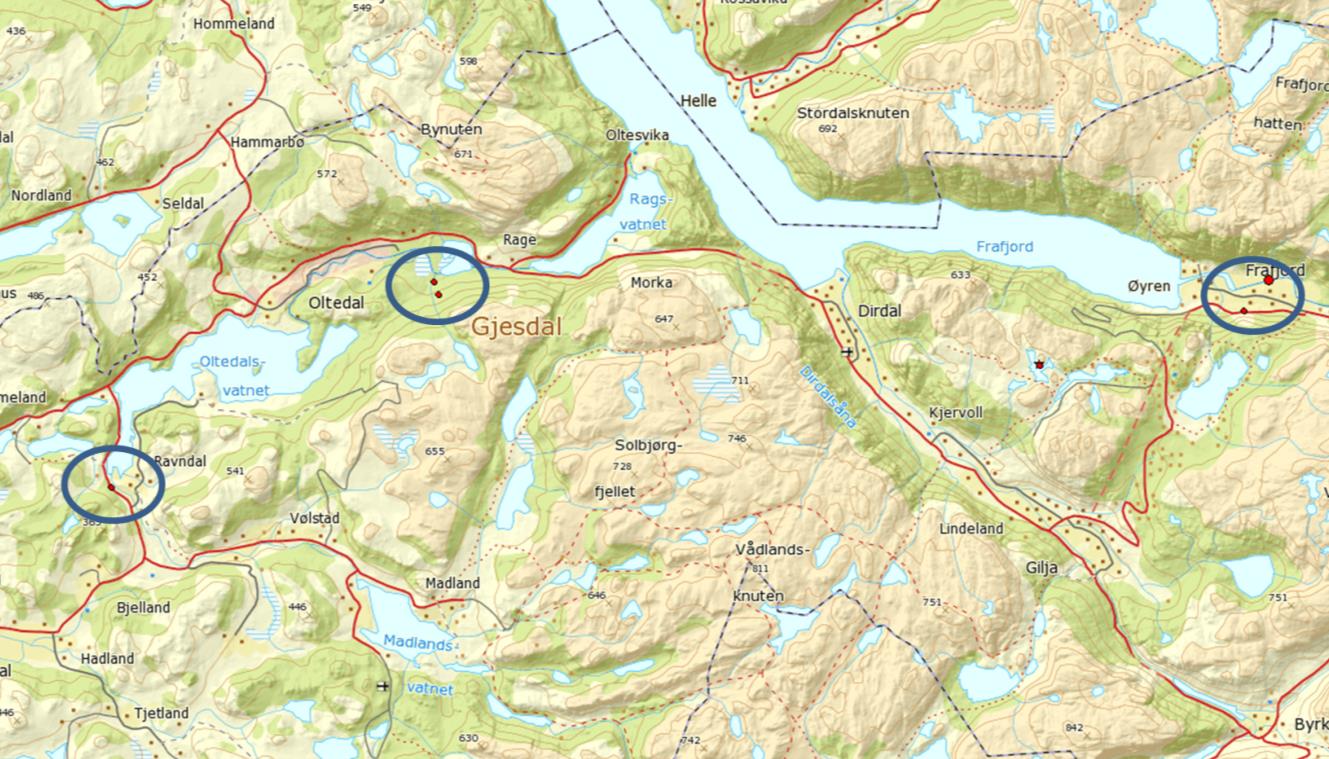 ring) og kommunekoordinat (rød stjerne).