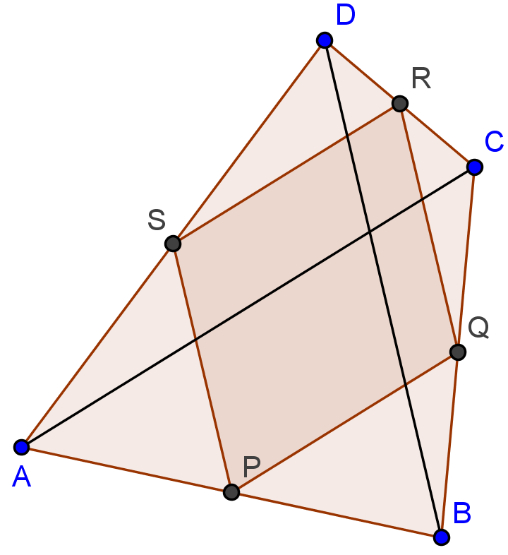 Bevis. La R, S og T være midtpunktene på hhv. AB, BC og CA. Skjæringspunktet mellom CR og TB er G. Trekantene ABC og ART må være formlike p.g.a. transversalsetningen. Da må RT:BC=1:2.