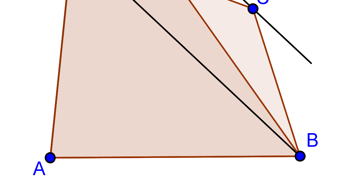 1.13.6 Firkant og trekant med samme areal Gitt en firkant ABCD. Du får i oppgave å konstruere en trekant med samme areal. Løsningen ser du på figuren til høyre.