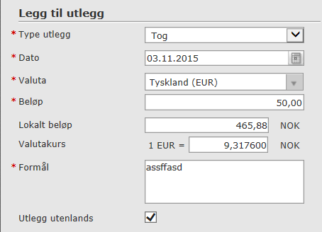 Utlegg Velg utlegg etter nedtrekk (trykk page down for flere valg, ligger alfabetisk) Dersom arbeidsgiver har dekket utgifter til transport eller andre utgifter skal ikke dette registreres Utlegg ved