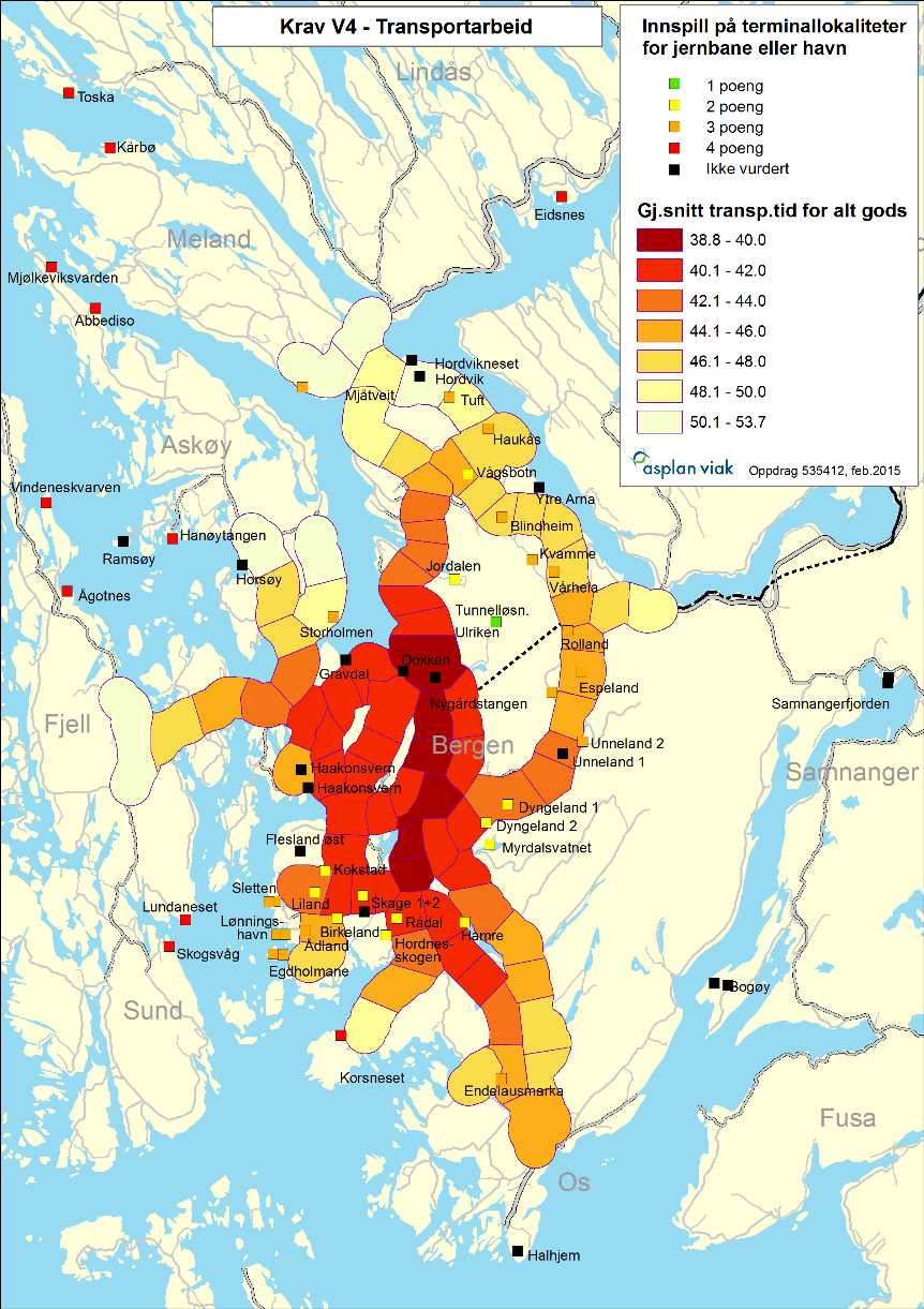 Figur 1-3: Tyngdepunkts / transportarbeidskart 1.11 Minimalisere tungtransport gjennom sentrum I varierende grad vil en lokalisering av havn/terminal medføre trafikk gjennom Bergen sentrum.