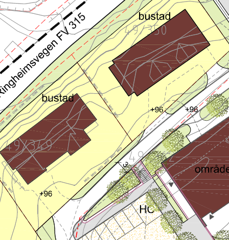 På gang- og sykkelvegstrekningen hvor kjøring til eiendommer er tillatt (j.fr. figur 11), bør bredden være min. 3 m, med 0,25 m asfaltert skulder på begge sider.