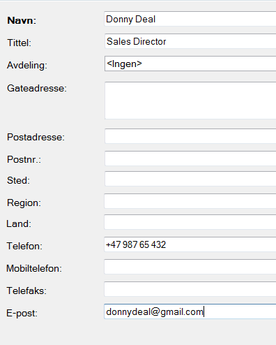 Dobbeltklikk på leverandørnavnet og skjermbildet for Aktøren vil åpnes. Fra dette skjermbildet skal det registreres en ny kontakt (kontaktperson) for leverandøren.