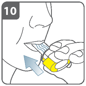 Stikke hull på kapselen: Hold inhalatoren loddrett med munnstykket opp. Stikk hull på kapselen ved å trykke hardt på knappene på begge sider samtidig. Gjør dette kun én gang.