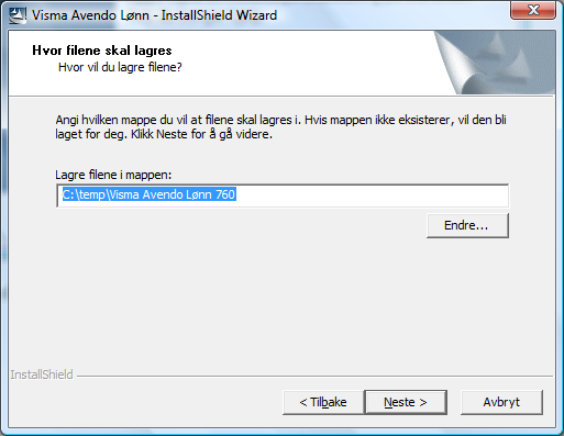 Du blir bedt om å angi en mappe der de utpakkede installasjonsfilene skal lagres.