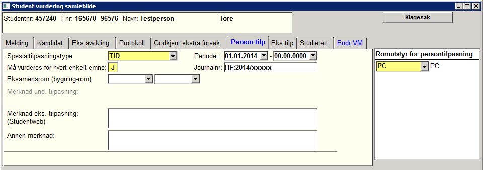 1.1 Registrering ved innvilget søknad om ekstra eksamenstid og bruk av PC Opprett en ny rad og legg inn data under fanen Person tilp i 'Student vurdering samlebilde'.