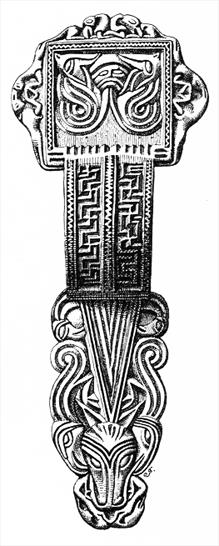 Figur 5: Relieffspenne (B3543) fra Lista, Vest-Agder, med Nydam ornamentikk. I følge Hassloff (1981:85) er motivet på hodeplata basert på romerske motiver (fig. 6) Etter Gustafson 1906.