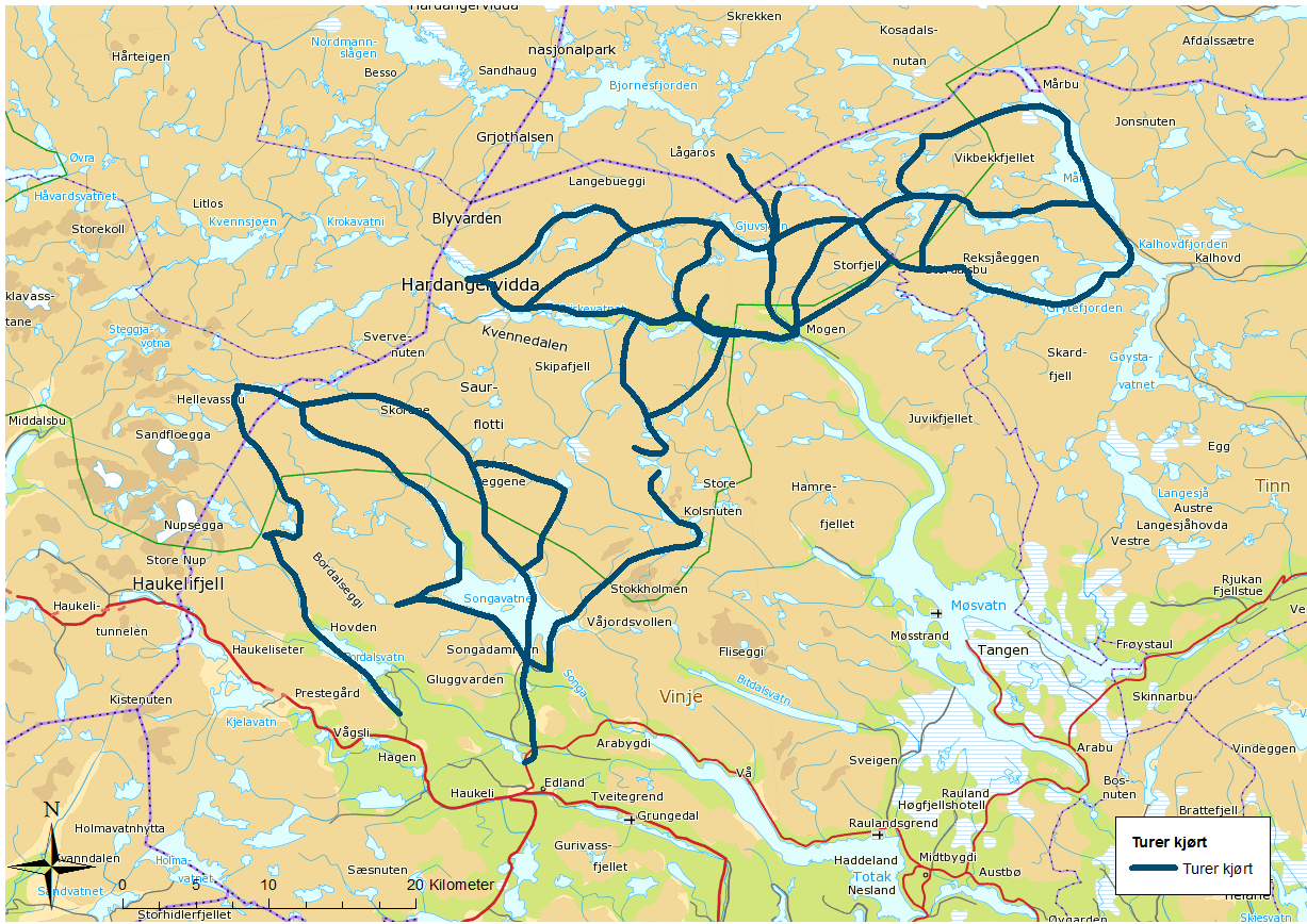 Kart over ferdsel med snøskuter i vintersesongen I Telemark gis løyvet med et kart som viser traséen/traséene som skal benyttes ved kjøring (figur 24). Dette gjør at man vet hvor i fylket det kjøres.