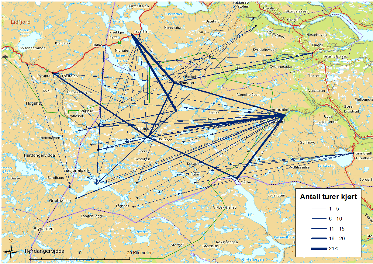 Figur 25: Geografisk fordeling av turer kjørt innenfor gitte løyver med snøskuter i vintersesongen i Buskerud fylke i 2010 (Buskerud tilsynsutvalg 2012).